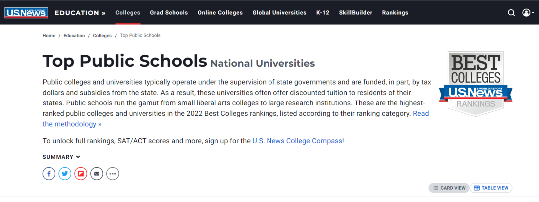U.S.News全美公立大学排名中最具性价比的大学