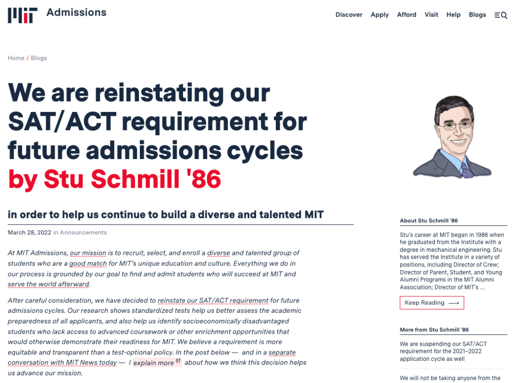 麻省理工学院正式恢复SAT/ACT考试成绩要求！取消Test- Optional！
