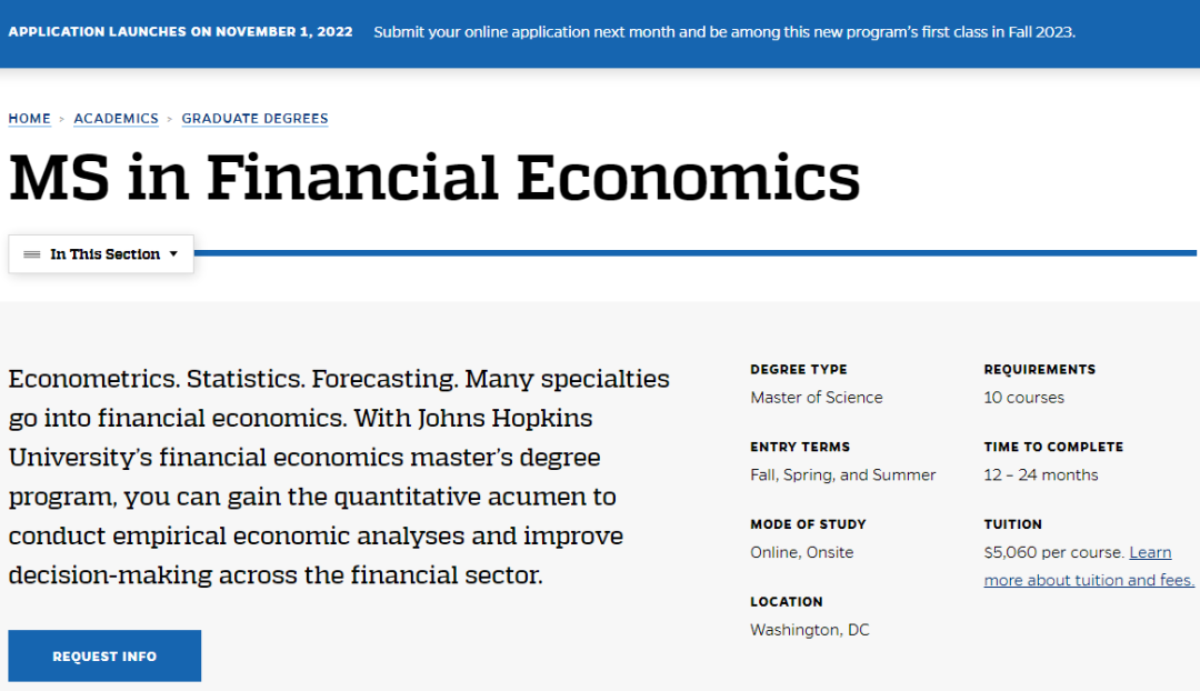 约翰霍普金斯大学新开金融经济学硕士项目，全年接受申请！