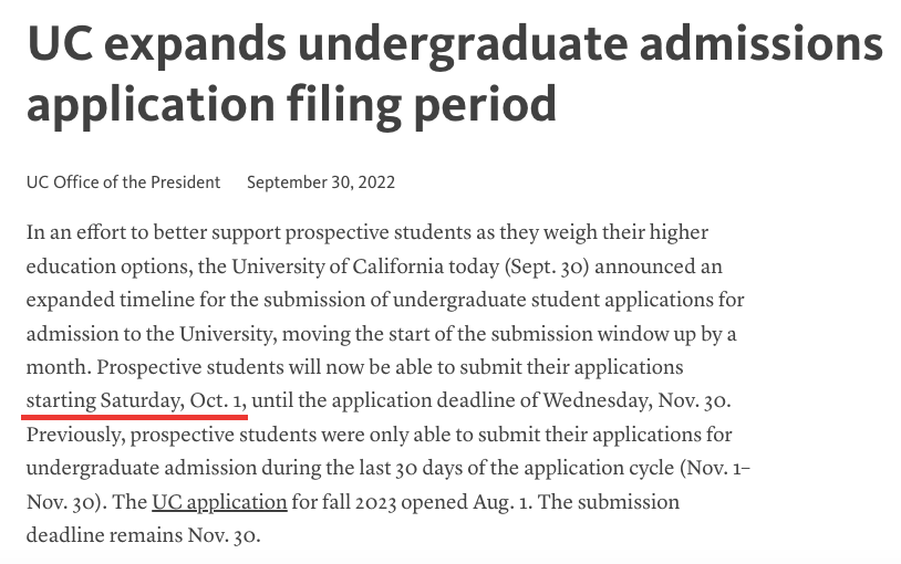 2023年加州大学递交申请提前一个月：