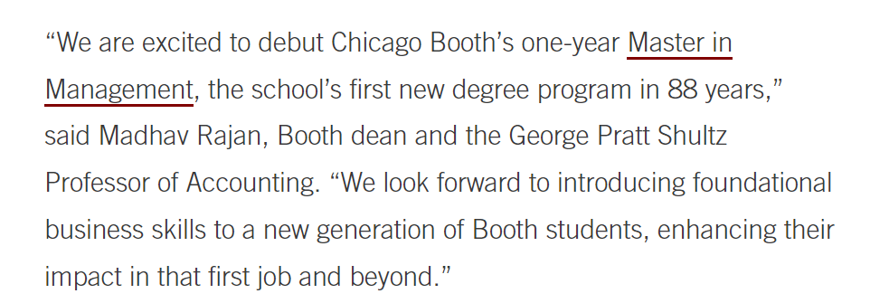 芝加哥大学布斯商学院新推1年制管理学硕士！