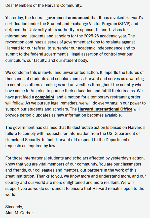 哈佛大学校长强硬回应禁招国际生，将尽一切努力支持学生和学者！