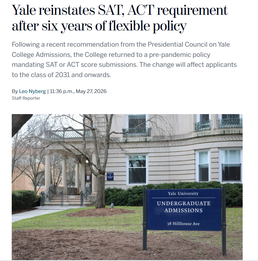 耶鲁大学正式恢复标化要求,2027Fall必须提交SAT/ACT考试成绩 ! 耶鲁大学正式恢复标化要求,2027Fall必须提交SAT/ACT考试成绩 !