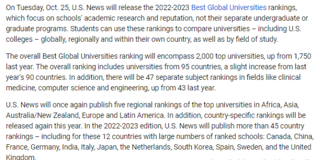预告！2023US.News世界大学排名将在10月25日发布！