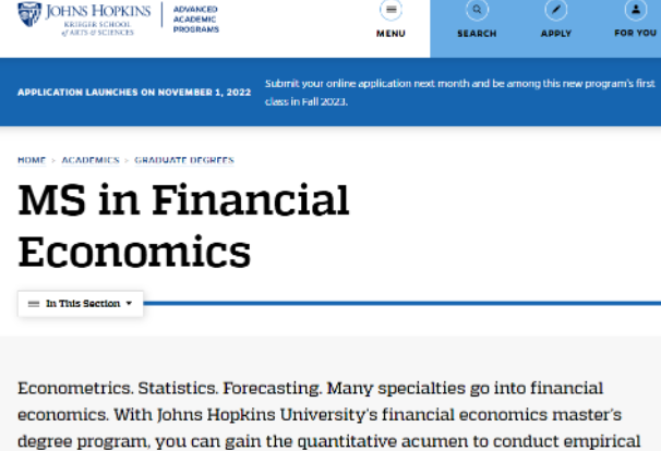 新！约翰霍普金斯大学新增金融经济学硕士，没有截止日期！