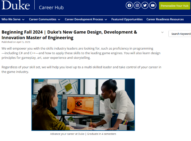 杜克大学工程学院新增游戏设计、开发与创新硕士项目